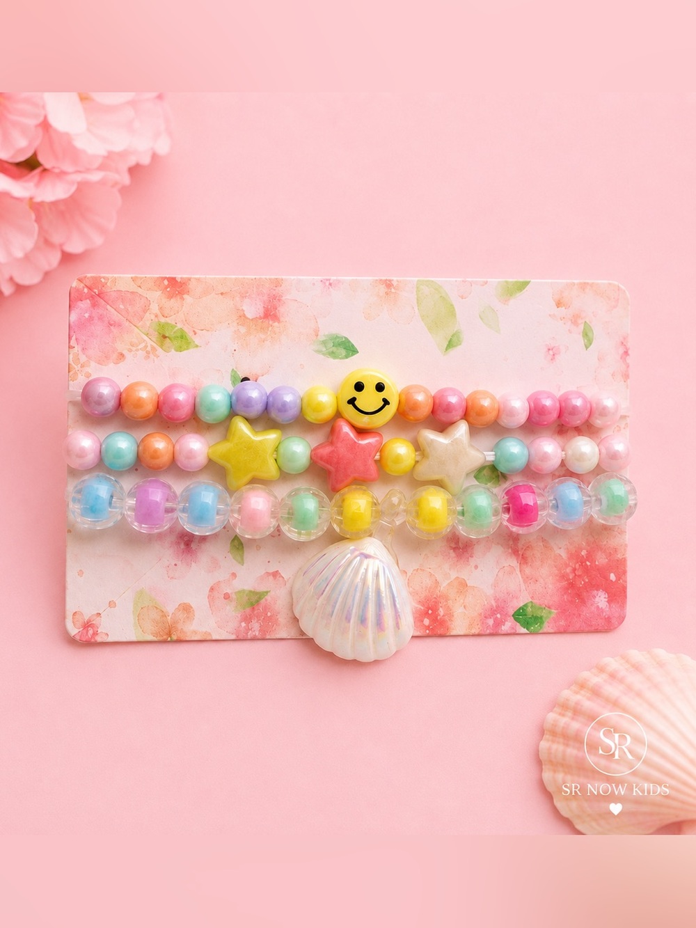 Mermaid Bracelet Set for Girls | Smiley Face & Shell Charm Stackable NEW